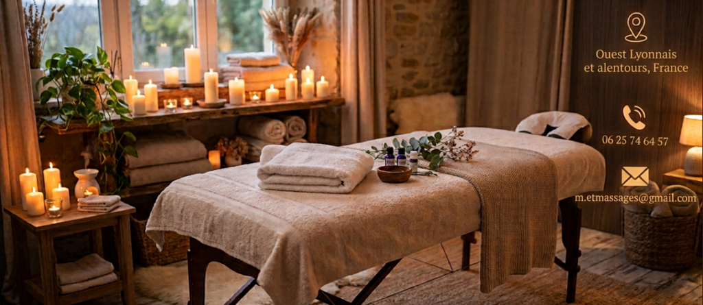 ambiance cocooning : table de massage, serviettes douces et lueurs de bougies. Un véritable moment de détente !
